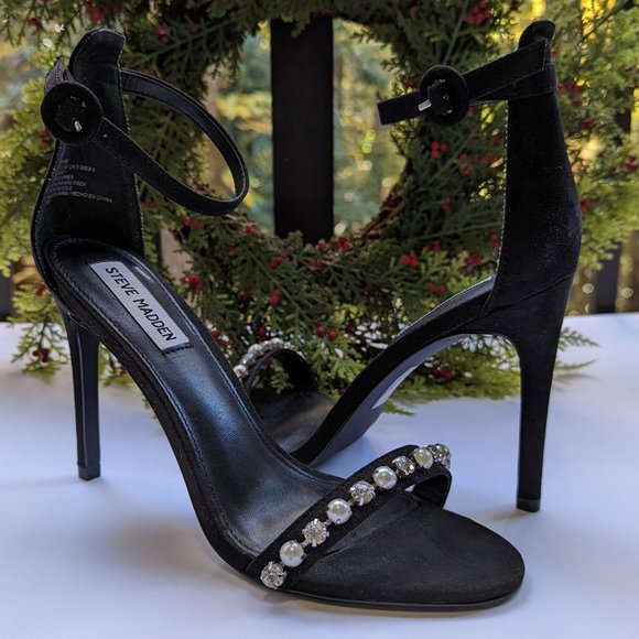 STEVE MADDEN Solitaire Stiletto Sandals Diamond Pearl Studs Ankle Strap Size 9 - Picture 5 of 15